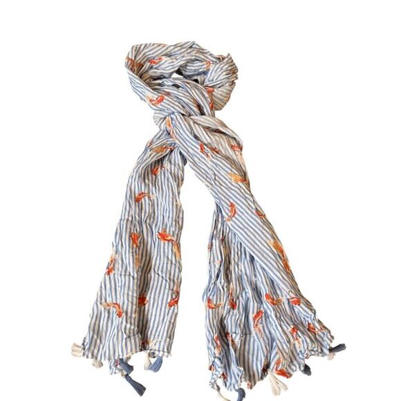 Striped Goldfish Print Scarf With Tassel Accents Lightweight Cotton Blend - Picture 2 of 7